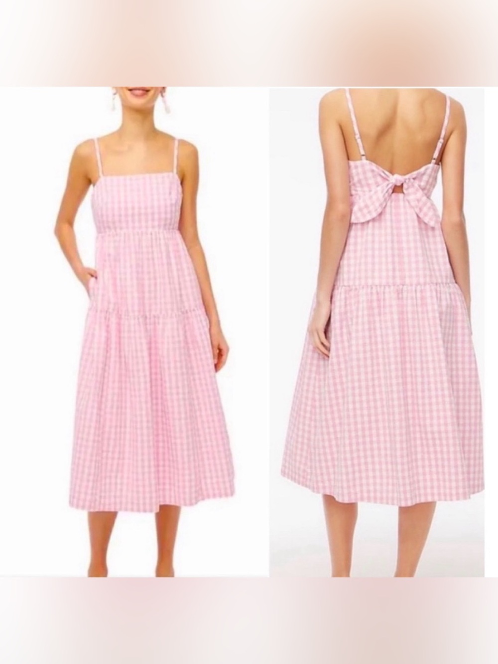 J Crew Pink Gingham Tie Back Midi Dress